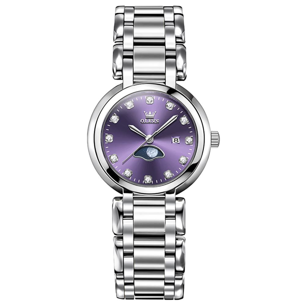 OLEVS Women Moon Phase Dress Watch Stainless Steel Diamond Dial Quartz 5573 - Purple Diamond Dial Watch | Olevs Watch Store