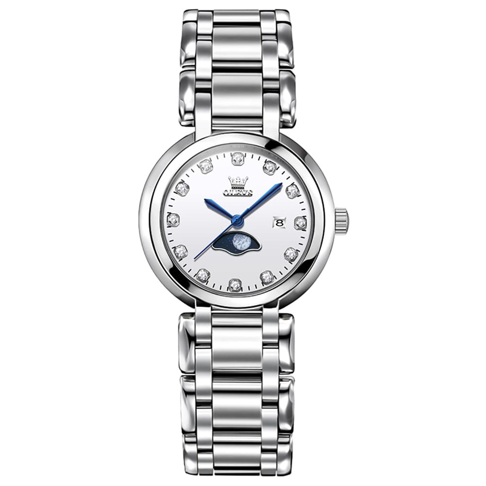 OLEVS Women Moon Phase Dress Watch Stainless Steel Diamond Dial Quartz 5573 - White Diamond Dial Watch | Olevs Watch Store