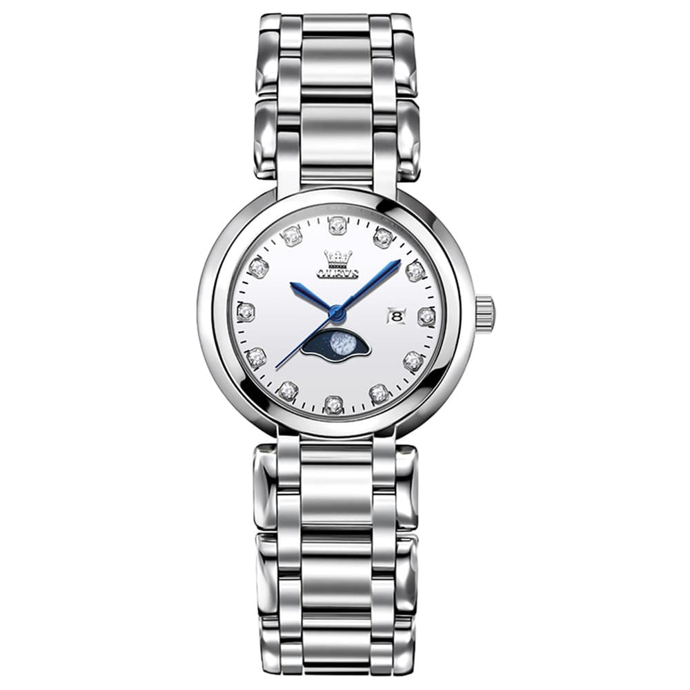 OLEVS Women Moon Phase Dress Watch Stainless Steel Diamond Dial Quartz 5573 - White Diamond Dial Watch | Olevs Watch Store