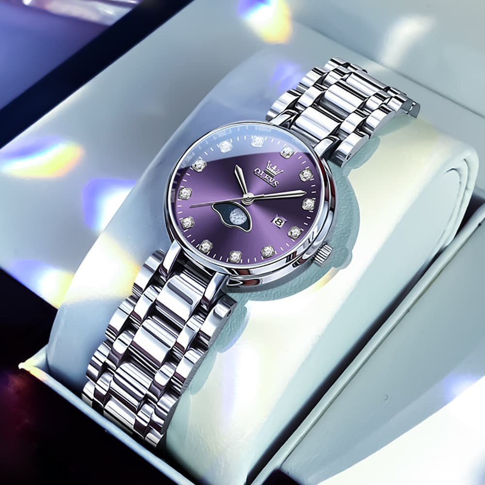 OLEVS Women Moon Phase Dress Watch Stainless Steel Diamond Dial Quartz 5573 - White Roman Dial Watch | Olevs Watch Store