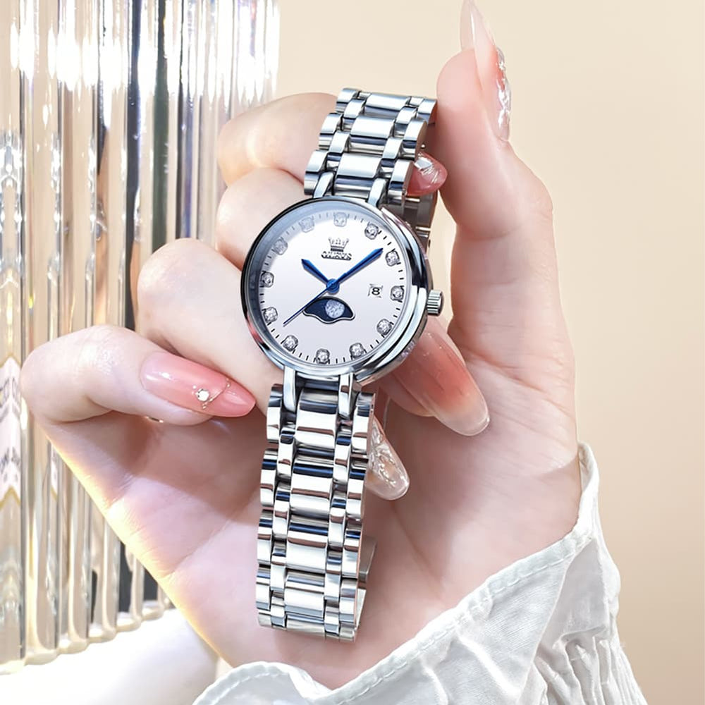 OLEVS Women Moon Phase Dress Watch Stainless Steel Diamond Dial Quartz 5573 - White Roman Dial Watch | Olevs Watch Store