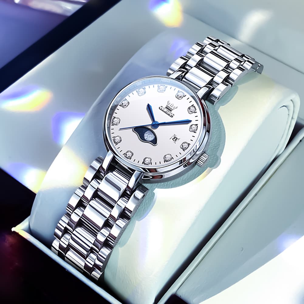 OLEVS Women Moon Phase Dress Watch Stainless Steel Diamond Dial Quartz 5573 - White Roman Dial Watch | Olevs Watch Store