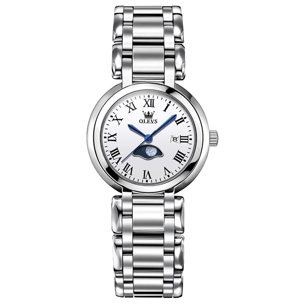 OLEVS Women Moon Phase Dress Watch Stainless Steel Diamond Dial Quartz 5573 - White Roman Dial Watch | Olevs Watch Store