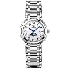 OLEVS Women Moon Phase Dress Watch Stainless Steel Diamond Dial Quartz 5573 - White Roman Dial Watch | Olevs Watch Store