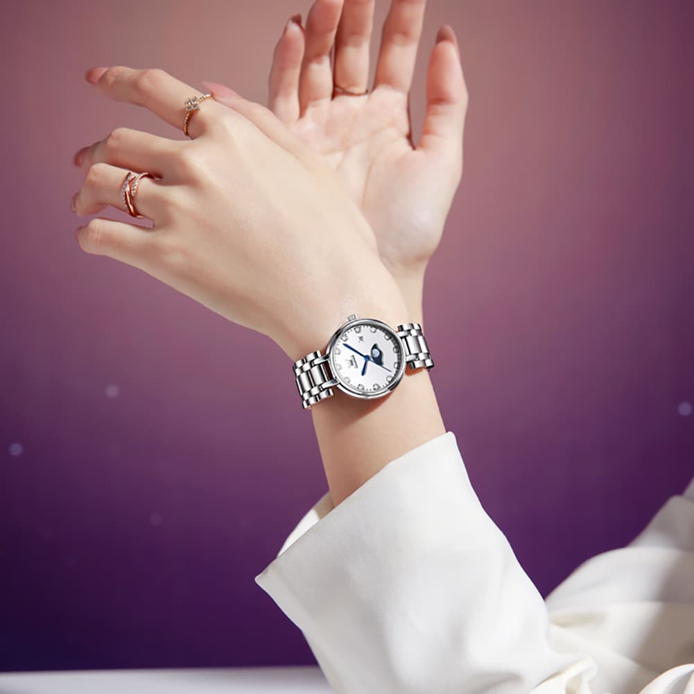 OLEVS Women Moon Phase Dress Watch Stainless Steel Diamond Dial Quartz 5573 - White Roman Dial Watch | Olevs Watch Store