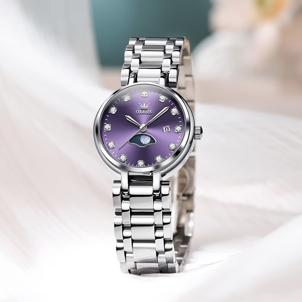 OLEVS Women Moon Phase Dress Watch Stainless Steel Diamond Dial Quartz 5573 - White Roman Dial Watch | Olevs Watch Store