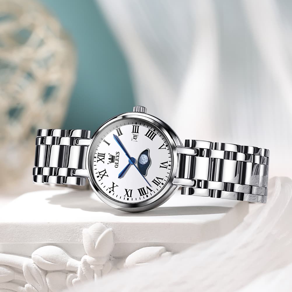 OLEVS Women Moon Phase Dress Watch Stainless Steel Diamond Dial Quartz 5573 - White Roman Dial Watch | Olevs Watch Store