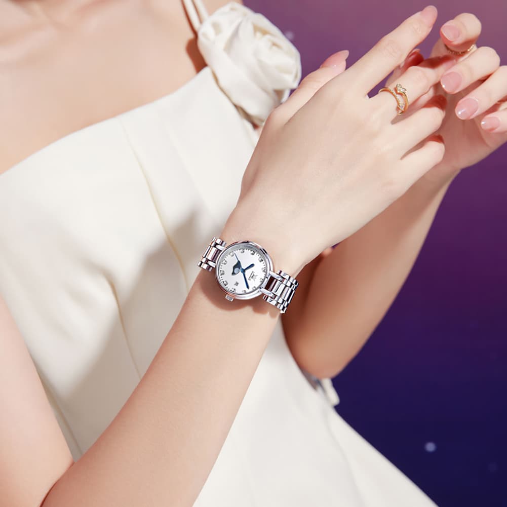 OLEVS Women Moon Phase Dress Watch Stainless Steel Diamond Dial Quartz 5573 - White Roman Dial Watch | Olevs Watch Store