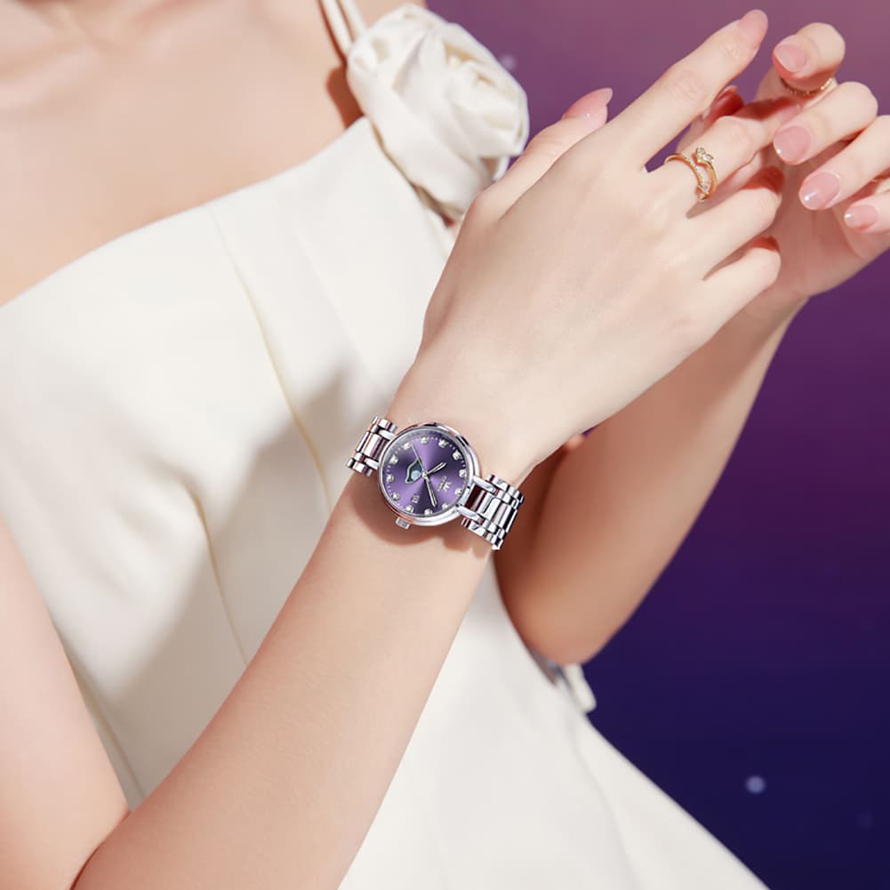 OLEVS Women Moon Phase Dress Watch Stainless Steel Diamond Dial Quartz 5573 - White Roman Dial Watch | Olevs Watch Store
