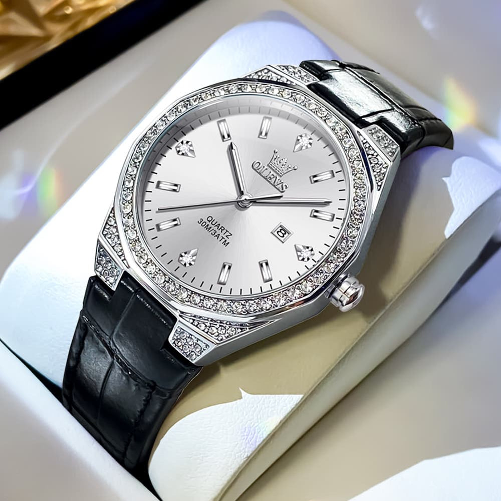 OLEVS Women Octagonal Watch Diamond Bezel Leather Strap Date Quartz 5606 - Black Leather White Dial Watch | Olevs Watch Store