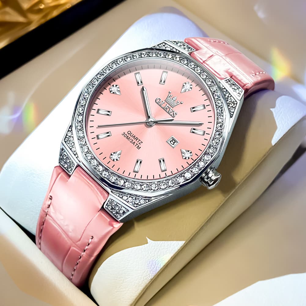 OLEVS Women Octagonal Watch Diamond Bezel Leather Strap Date Quartz 5606 - Pink Leather Watch | Olevs Watch Store