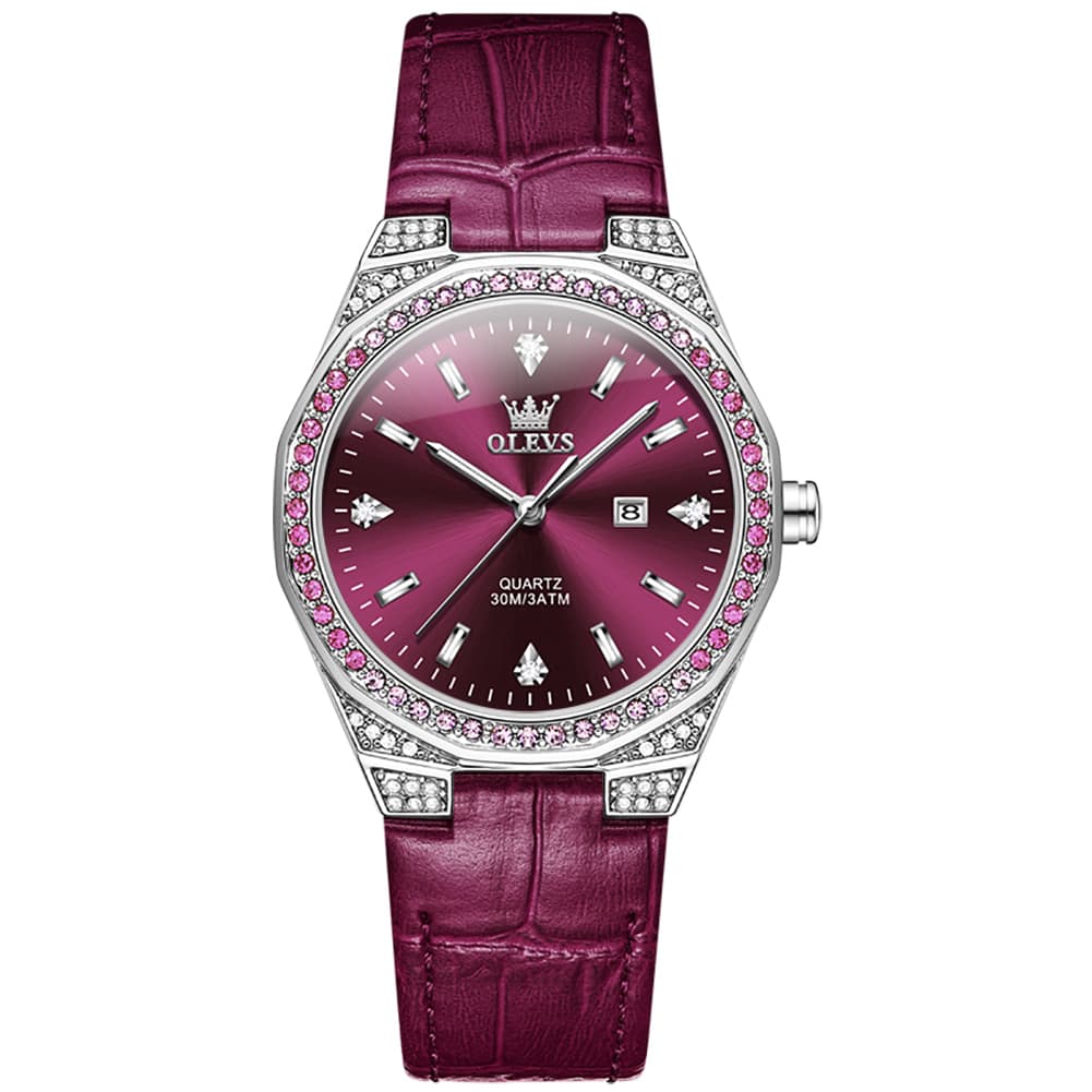 OLEVS Women Octagonal Watch Diamond Bezel Leather Strap Date Quartz 5606 - White Leather Watch | Olevs Watch Store