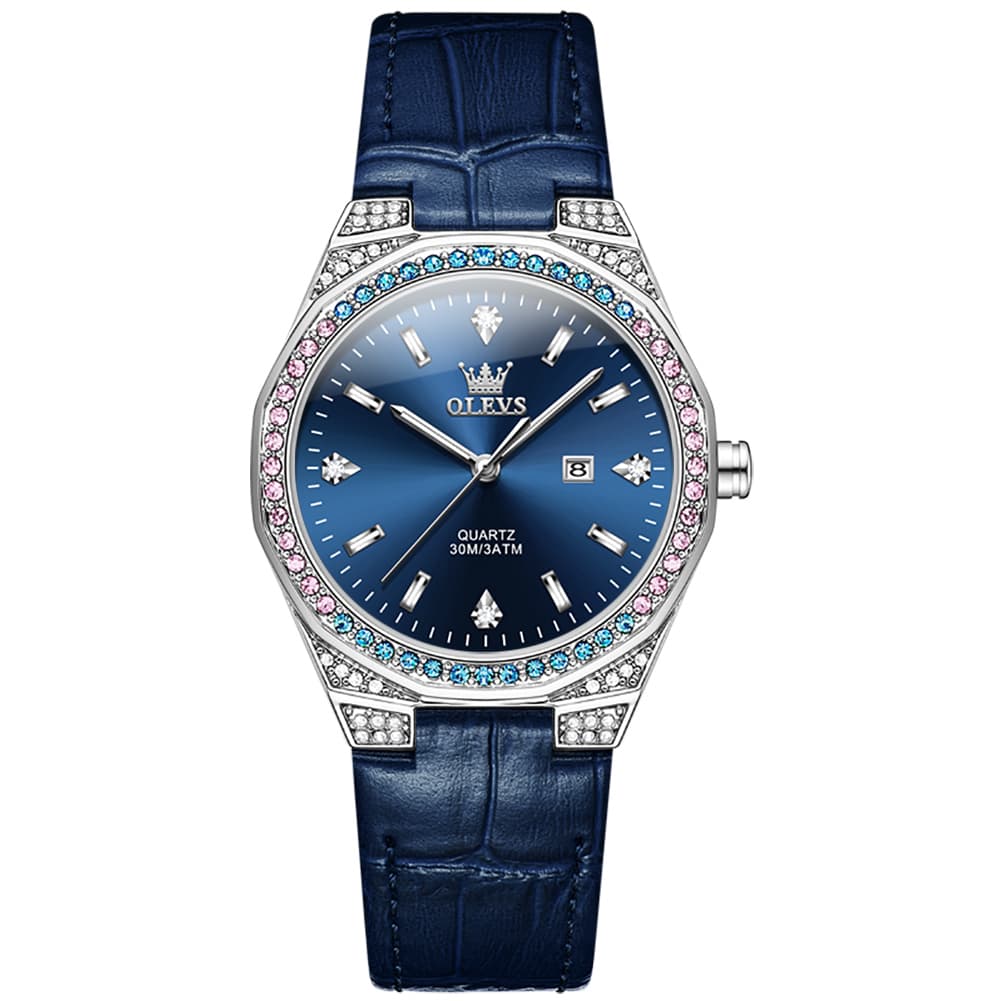 OLEVS Women Octagonal Watch Diamond Bezel Leather Strap Date Quartz 5606 - White Leather Watch | Olevs Watch Store