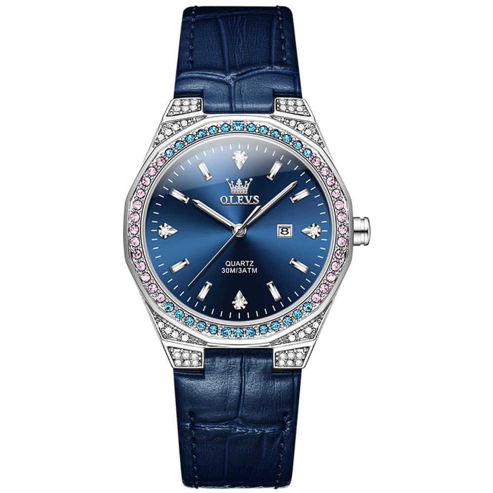 OLEVS Women Octagonal Watch Diamond Bezel Leather Strap Date Quartz 5606 - White Leather Watch | Olevs Watch Store