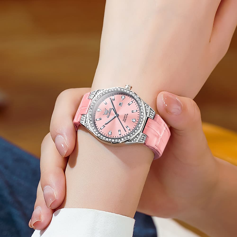OLEVS Women Octagonal Watch Diamond Bezel Leather Strap Date Quartz 5606 - White Leather Watch | Olevs Watch Store