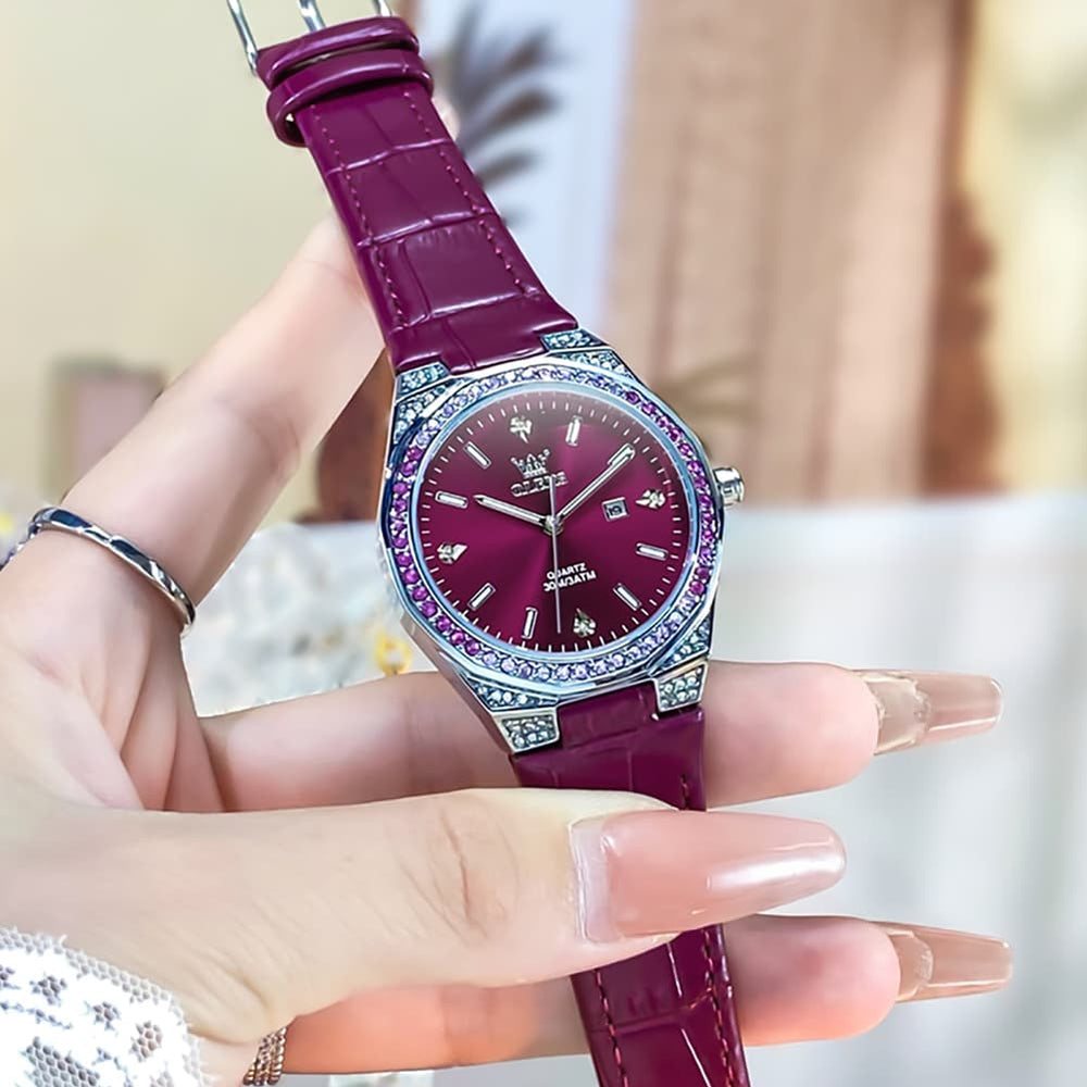 OLEVS Women Octagonal Watch Diamond Bezel Leather Strap Date Quartz 5606 - White Leather Watch | Olevs Watch Store