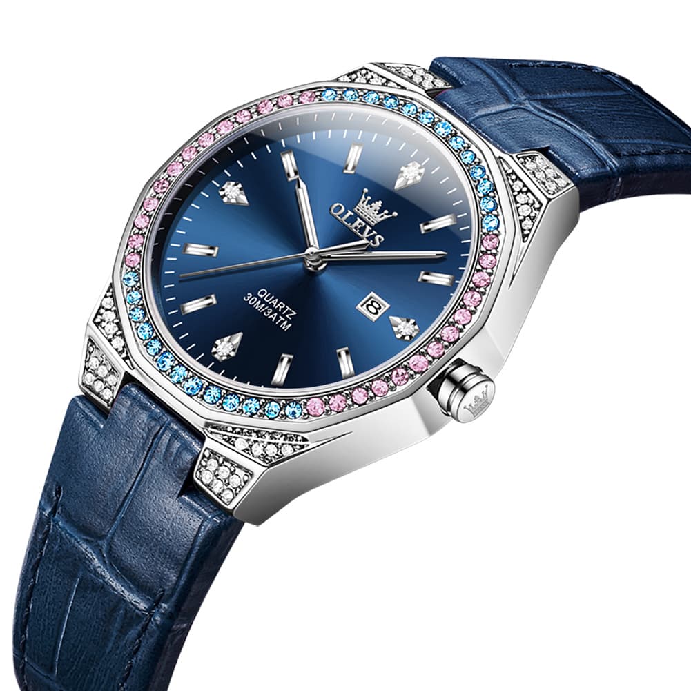 OLEVS Women Octagonal Watch Diamond Bezel Leather Strap Date Quartz 5606 - White Leather Watch | Olevs Watch Store