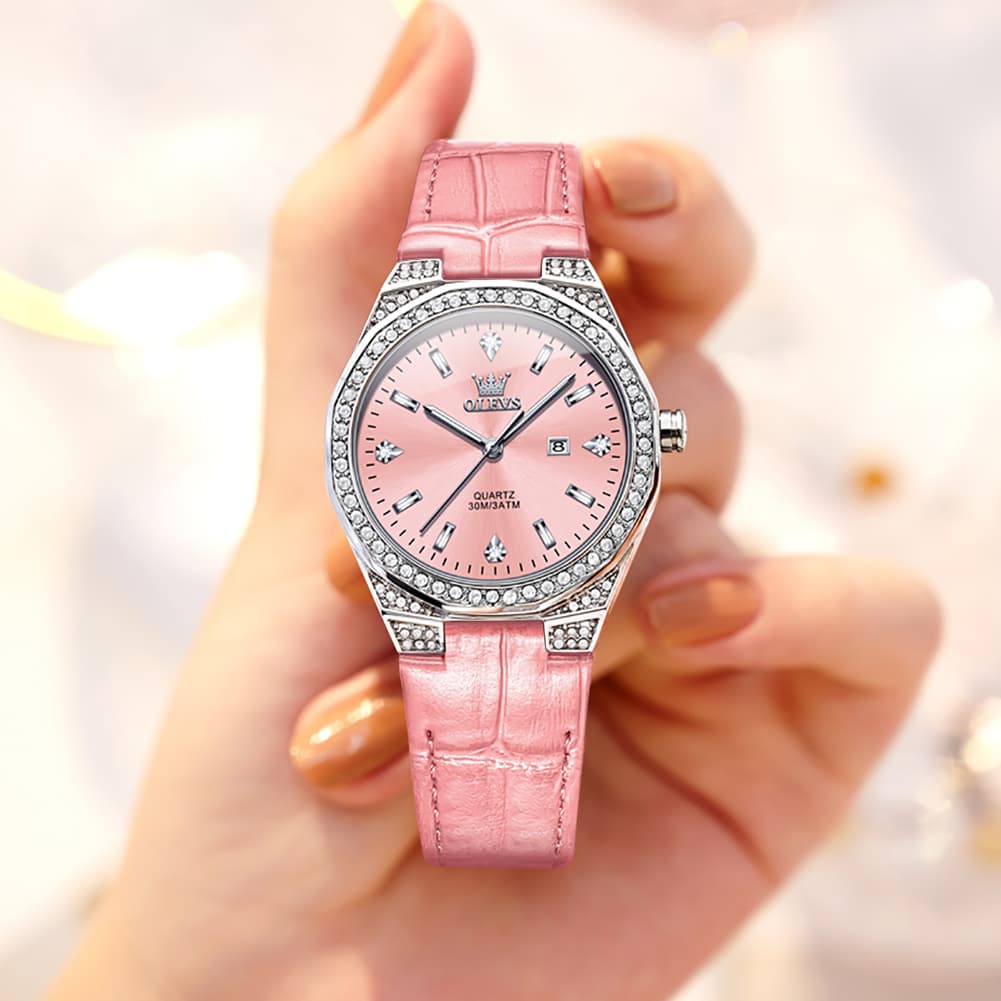 OLEVS Women Octagonal Watch Diamond Bezel Leather Strap Date Quartz 5606 - White Leather Watch | Olevs Watch Store