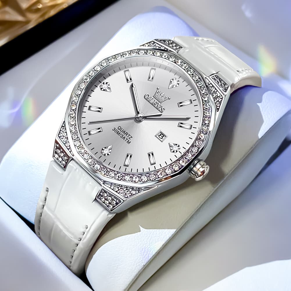 OLEVS Women Octagonal Watch Diamond Bezel Leather Strap Date Quartz 5606 - White Leather Watch | Olevs Watch Store