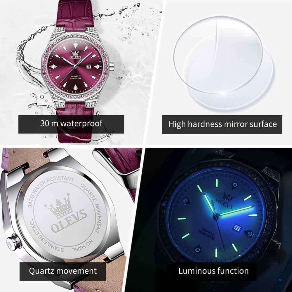 OLEVS Women Octagonal Watch Diamond Bezel Leather Strap Date Quartz 5606 - White Leather Watch | Olevs Watch Store