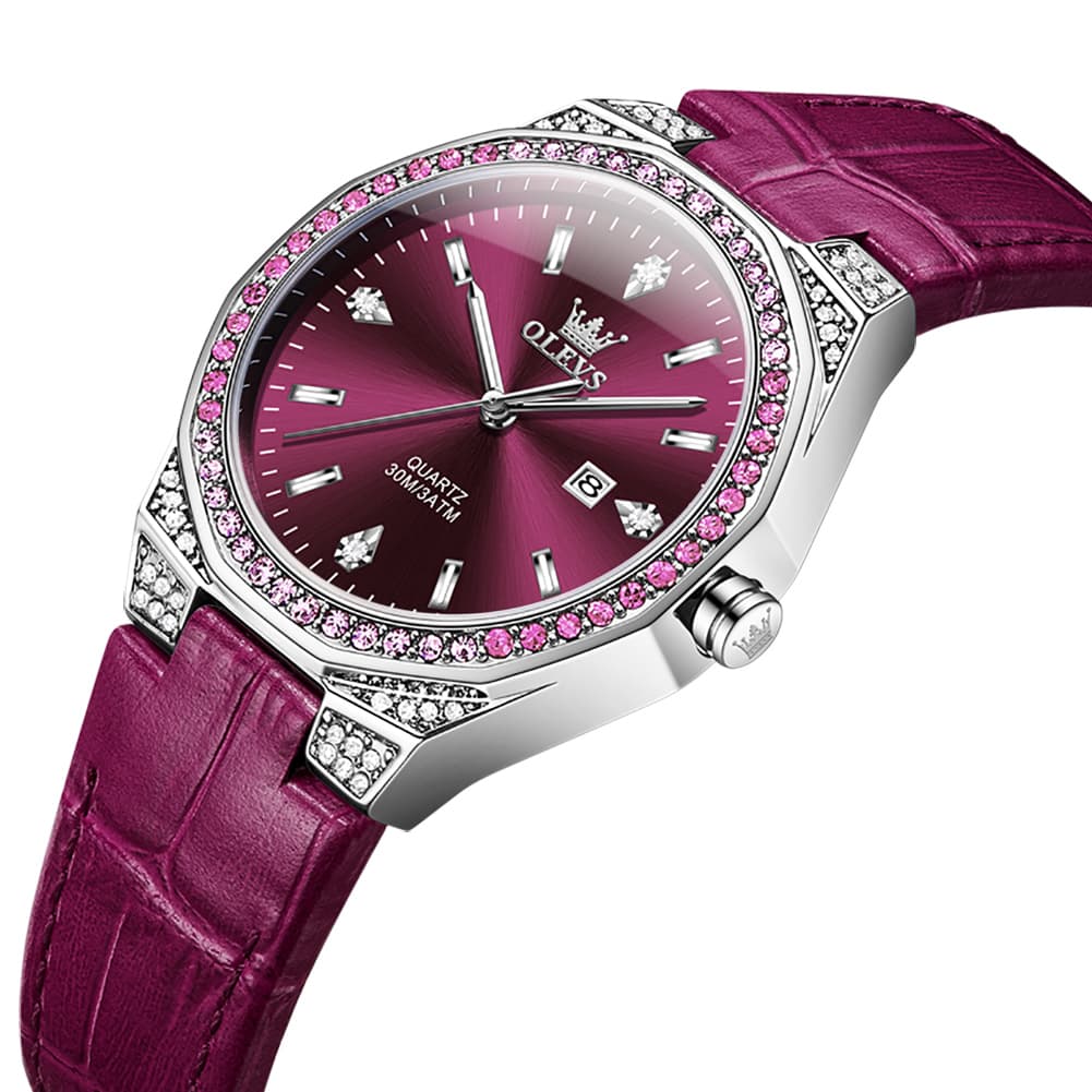OLEVS Women Octagonal Watch Diamond Bezel Leather Strap Date Quartz 5606 - White Leather Watch | Olevs Watch Store