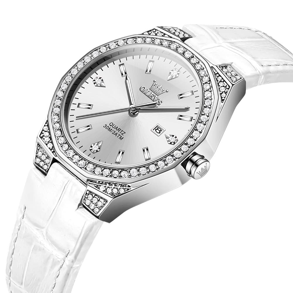 OLEVS Women Octagonal Watch Diamond Bezel Leather Strap Date Quartz 5606 - White Leather Watch | Olevs Watch Store