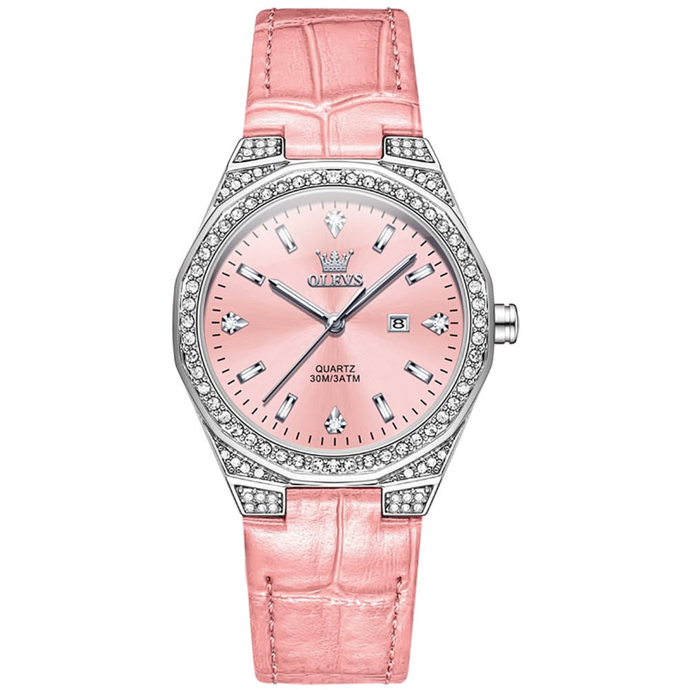 OLEVS Women Octagonal Watch Diamond Bezel Leather Strap Date Quartz 5606 - White Leather Watch | Olevs Watch Store