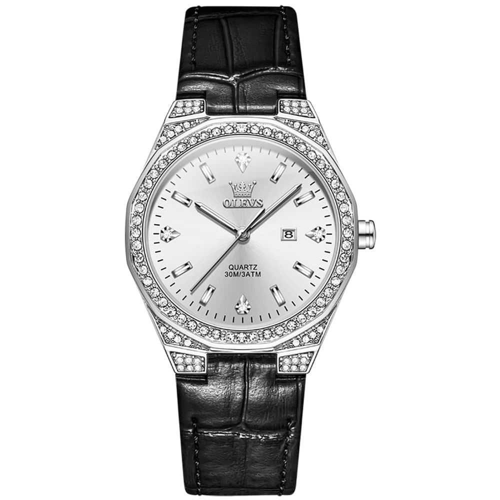OLEVS Women Octagonal Watch Diamond Bezel Leather Strap Date Quartz 5606 - White Leather Watch | Olevs Watch Store