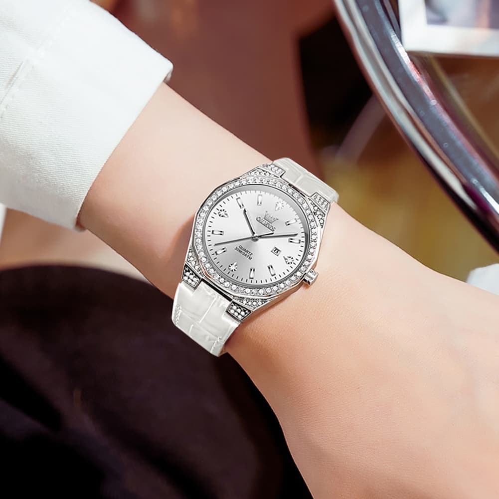 OLEVS Women Octagonal Watch Diamond Bezel Leather Strap Date Quartz 5606 - White Leather Watch | Olevs Watch Store