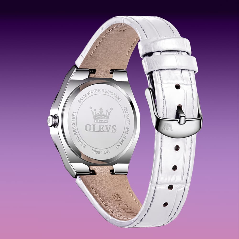 OLEVS Women Octagonal Watch Diamond Bezel Leather Strap Date Quartz 5606 - White Leather Watch | Olevs Watch Store