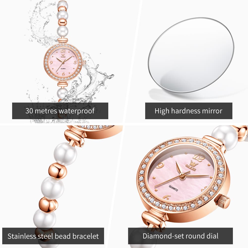 OLEVS Women Pearl Bracelet Watch Diamond Bezel Mother of Pearl Quartz 5640 - Rose Gold White Dial Watch | Olevs Watch Store