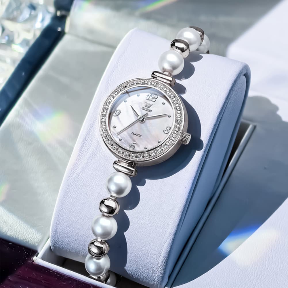 OLEVS Women Pearl Bracelet Watch Diamond Bezel Mother of Pearl Quartz 5640 - Silver White Dial Watch | Olevs Watch Store