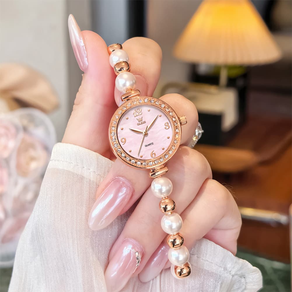 OLEVS Women Pearl Bracelet Watch Diamond Bezel Mother of Pearl Quartz 5640 - Rose Gold White Dial Watch | Olevs Watch Store
