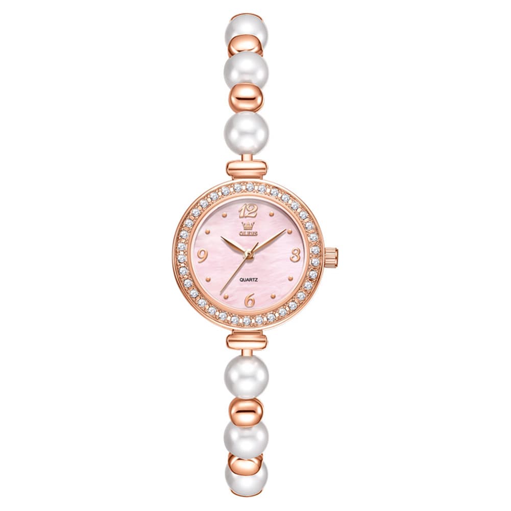 OLEVS Women Pearl Bracelet Watch Diamond Bezel Mother of Pearl Quartz 5640 - Rose Gold White Dial Watch | Olevs Watch Store