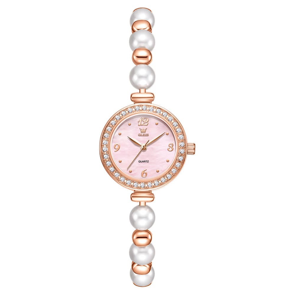 OLEVS Women Pearl Bracelet Watch Diamond Bezel Mother of Pearl Quartz 5640 - Rose Gold White Dial Watch | Olevs Watch Store