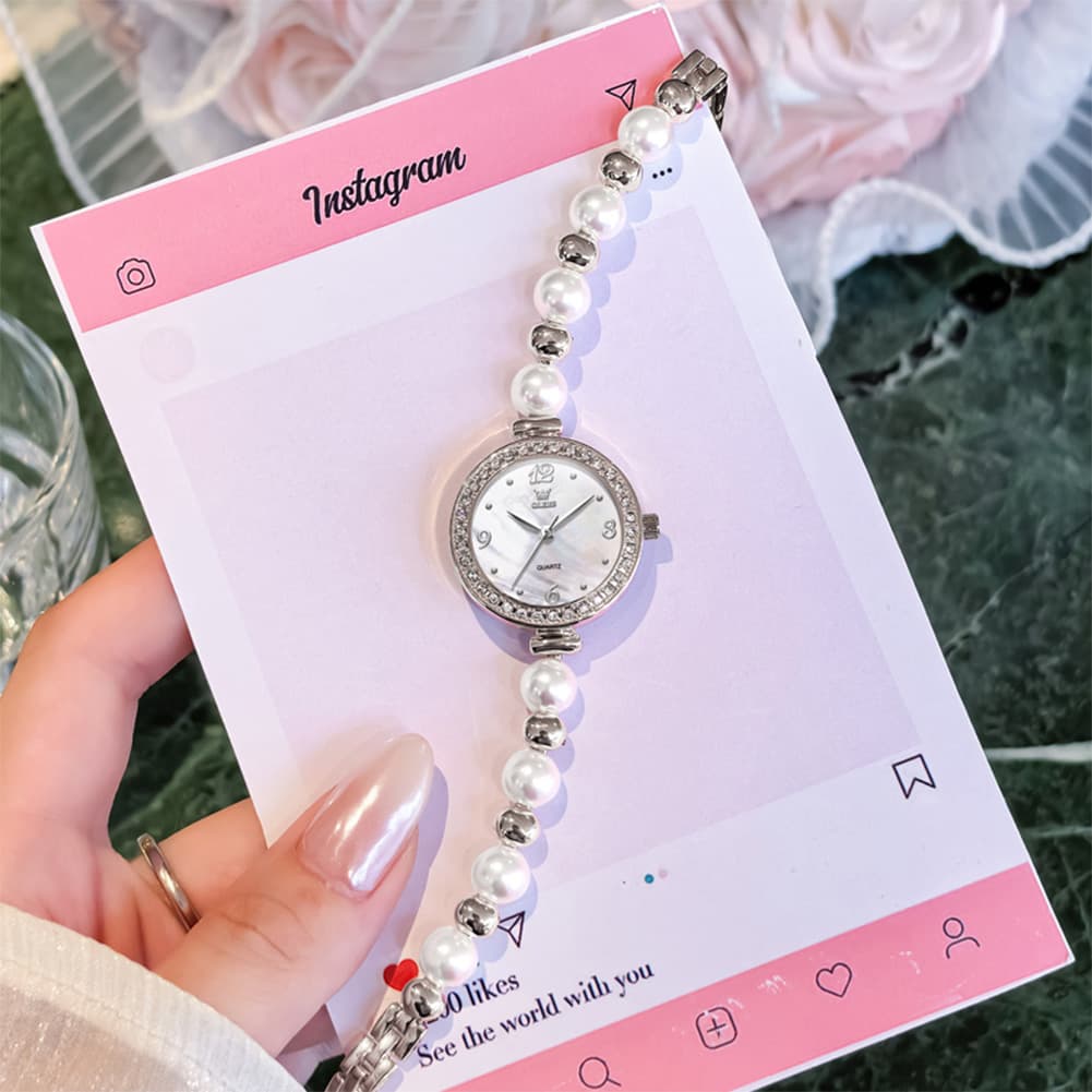OLEVS Women Pearl Bracelet Watch Diamond Bezel Mother of Pearl Quartz 5640 - Rose Gold White Dial Watch | Olevs Watch Store