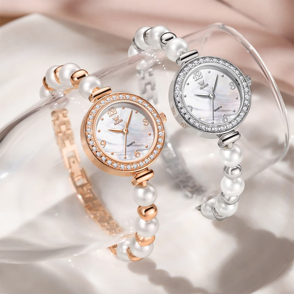 OLEVS Women Pearl Bracelet Watch Diamond Bezel Mother of Pearl Quartz 5640 - Rose Gold White Dial Watch | Olevs Watch Store