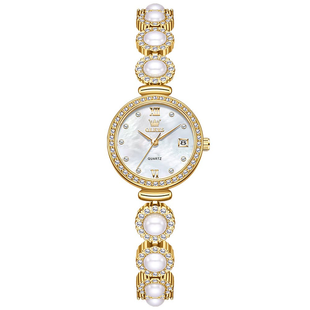 OLEVS Women Pearl Bracelet Watch Diamond Mother of Pearl Date Quartz 5635 - Gold White Dial Watch | Olevs Watch Store