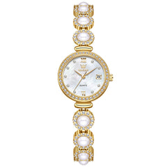 OLEVS Women Pearl Bracelet Watch Diamond Mother of Pearl Date Quartz 5635 - Gold White Dial Watch | Olevs Watch Store