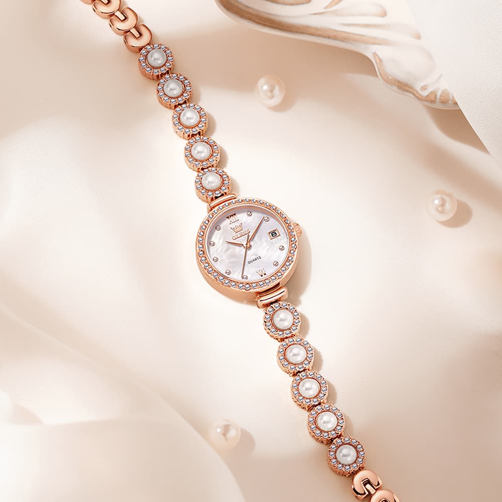 OLEVS Women Pearl Bracelet Watch Diamond Mother of Pearl Date Quartz 5635 - Rose Gold White Dial Watch | Olevs Watch Store