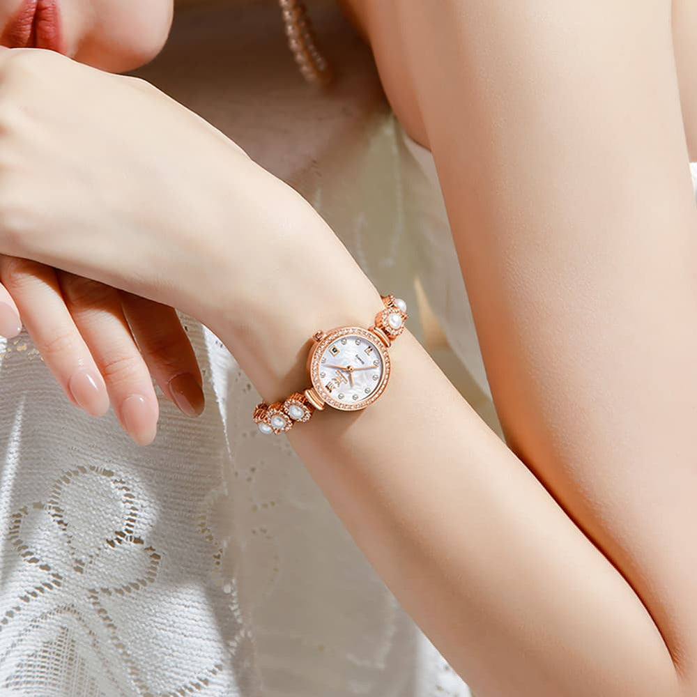 OLEVS Women Pearl Bracelet Watch Diamond Mother of Pearl Date Quartz 5635 - Rose Gold White Dial Watch | Olevs Watch Store