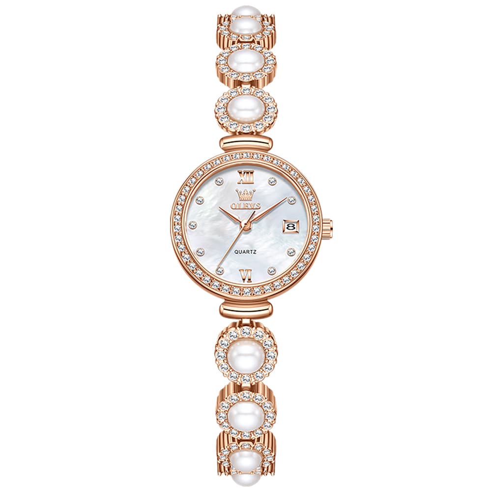 OLEVS Women Pearl Bracelet Watch Diamond Mother of Pearl Date Quartz 5635 - Rose Gold White Dial Watch | Olevs Watch Store