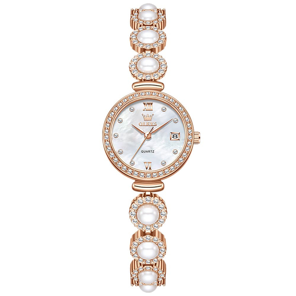 OLEVS Women Pearl Bracelet Watch Diamond Mother of Pearl Date Quartz 5635 - Rose Gold White Dial Watch | Olevs Watch Store