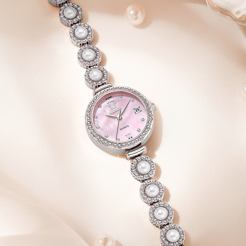 OLEVS Women Pearl Bracelet Watch Diamond Mother of Pearl Date Quartz 5635 - Rose Gold White Dial Watch | Olevs Watch Store