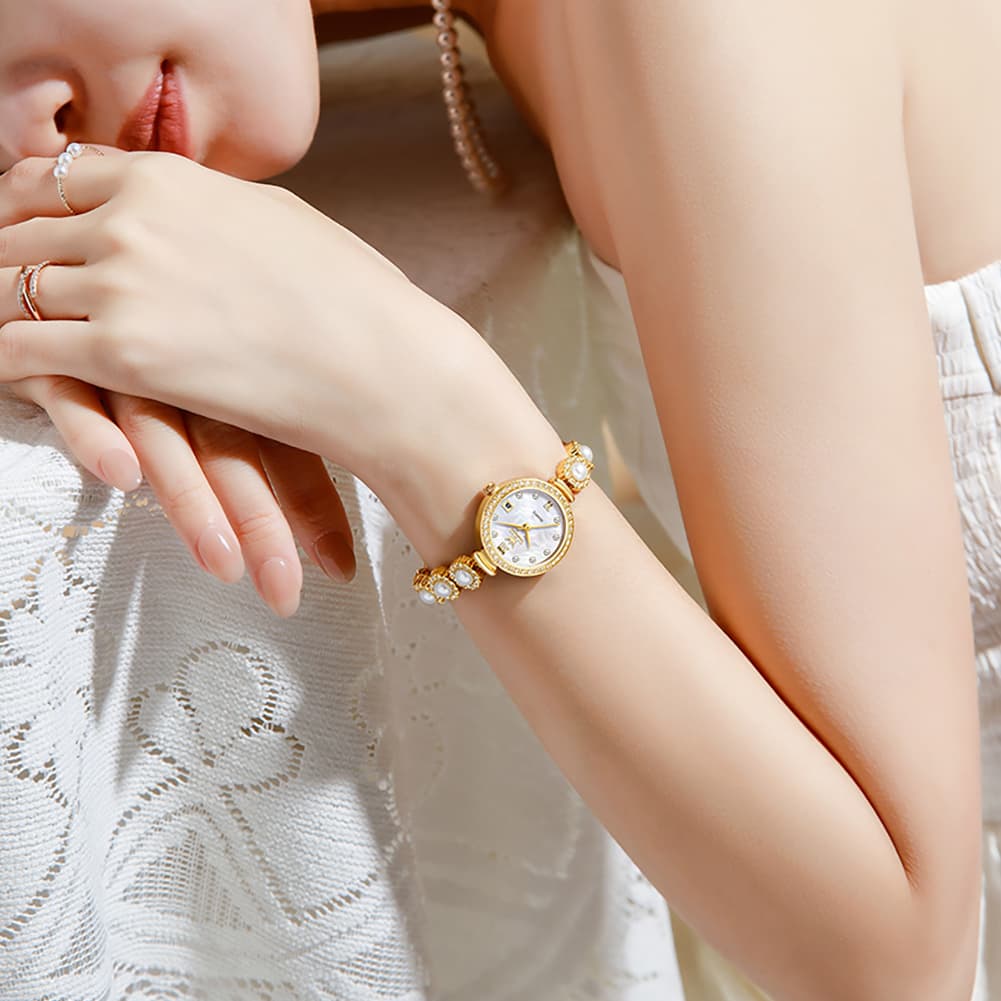 OLEVS Women Pearl Bracelet Watch Diamond Mother of Pearl Date Quartz 5635 - Rose Gold White Dial Watch | Olevs Watch Store