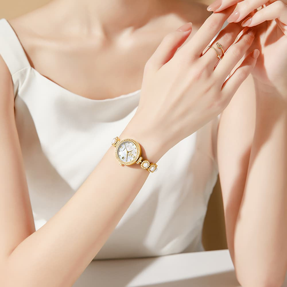 OLEVS Women Pearl Bracelet Watch Diamond Mother of Pearl Date Quartz 5635 - Rose Gold White Dial Watch | Olevs Watch Store