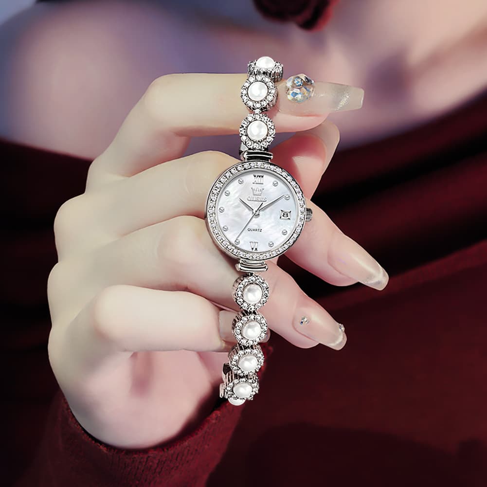 OLEVS Women Pearl Bracelet Watch Diamond Mother of Pearl Date Quartz 5635 - Rose Gold White Dial Watch | Olevs Watch Store