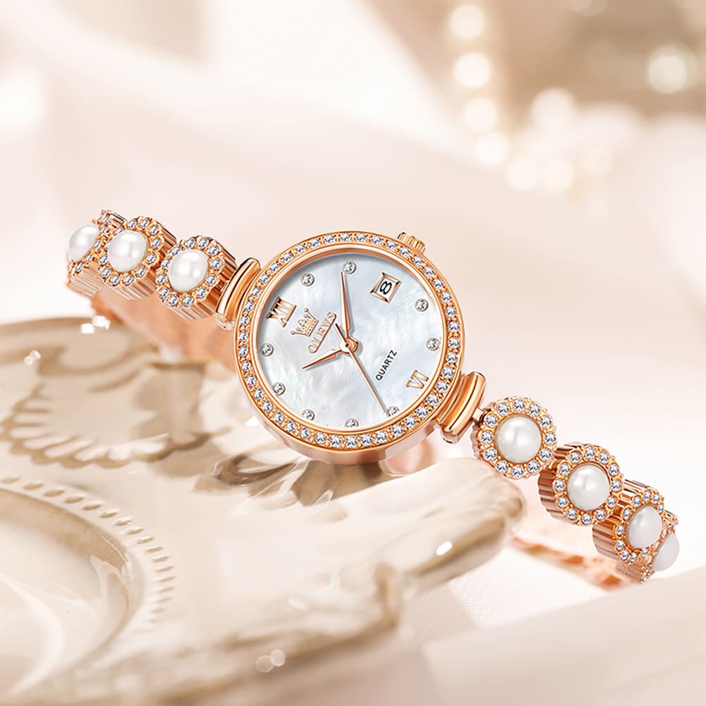 OLEVS Women Pearl Bracelet Watch Diamond Mother of Pearl Date Quartz 5635 - Rose Gold White Dial Watch | Olevs Watch Store