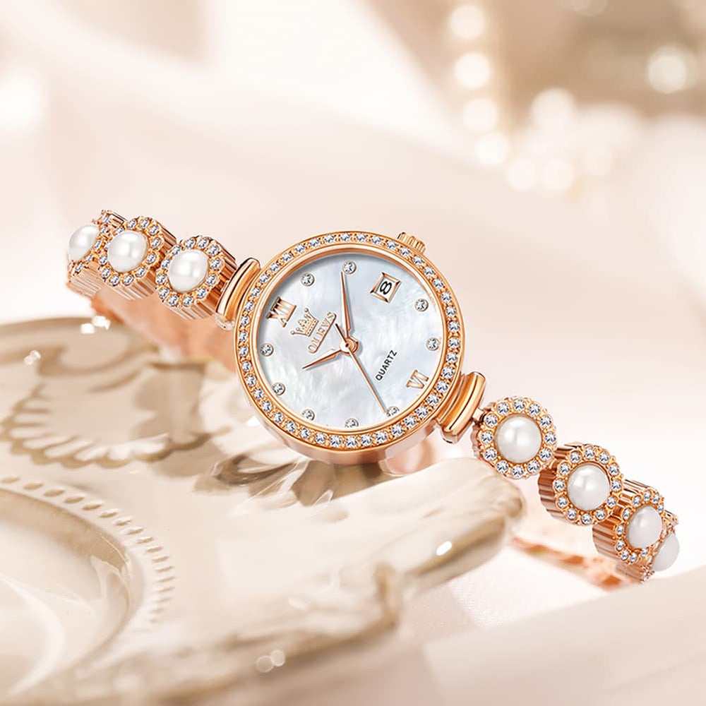 OLEVS Women Pearl Bracelet Watch Diamond Mother of Pearl Date Quartz 5635 - Rose Gold White Dial Watch | Olevs Watch Store
