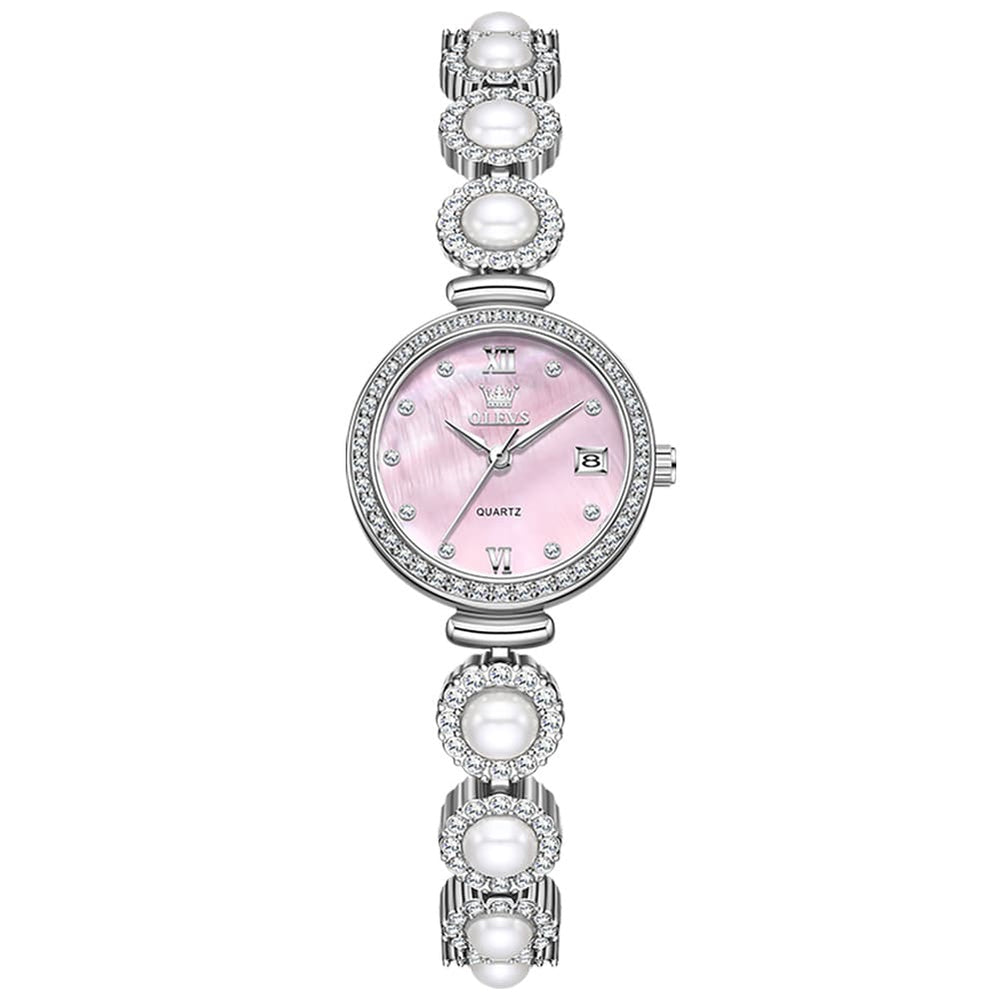 OLEVS Women Pearl Bracelet Watch Diamond Mother of Pearl Date Quartz 5635 - Silver Pink Dial Watch | Olevs Watch Store